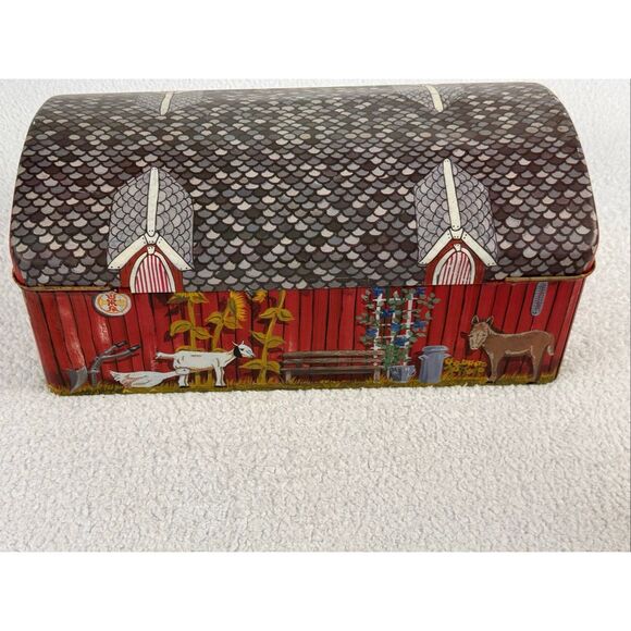 Vintage Tin Litho Barn Farm Animals Storage Box With Lid/Latch - Picture 4 of 15